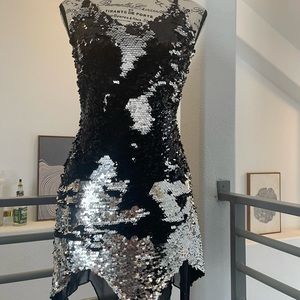 Women’s Black Silver Sequin Two Tone Sleeveless Mini Slip Dress
